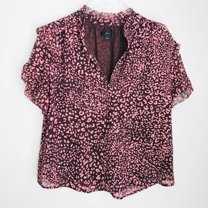 J Crew Leopard Print Popover Short Sleeve Blouse Size L Ruffle V-Neck Brown Pink